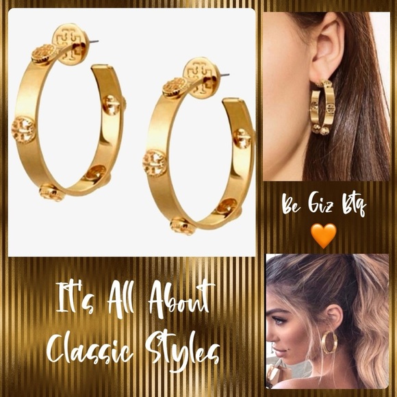 🆕 Tory Burch Authentic Milgrain Logo Hoop Gold Plated Earrings